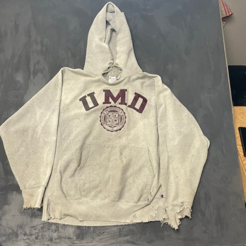 Vintage UMD Champion Hoodie XL Grey 90s Fair Thrashed Reverse Weave